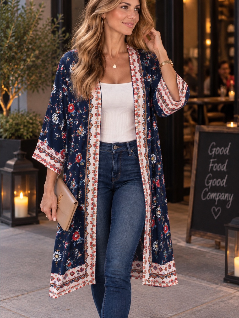 Max Studio Navy Floral Border Kimono